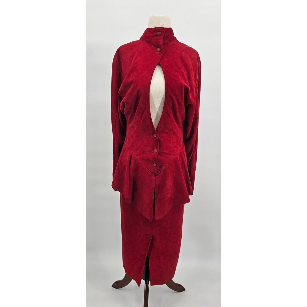 Vintage 80s Barthe Women's 8 Red Suede Leather Midi Peekaboo Long Sleeve Dress